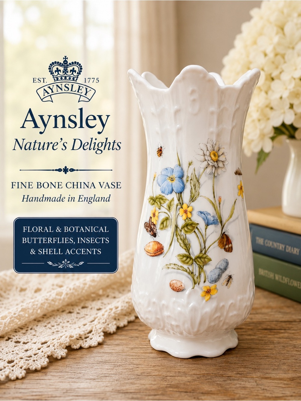 Aynsley Nature’s Delights Fine Bone China Floral Vase |
Handmade in England